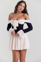 White Off Shoulder Mini Dress with Bow Detail