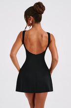 Black Backless Mini Dress with High Neck and Bubble Skirt