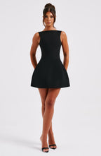 Black Backless Mini Dress with High Neck and Bubble Skirt