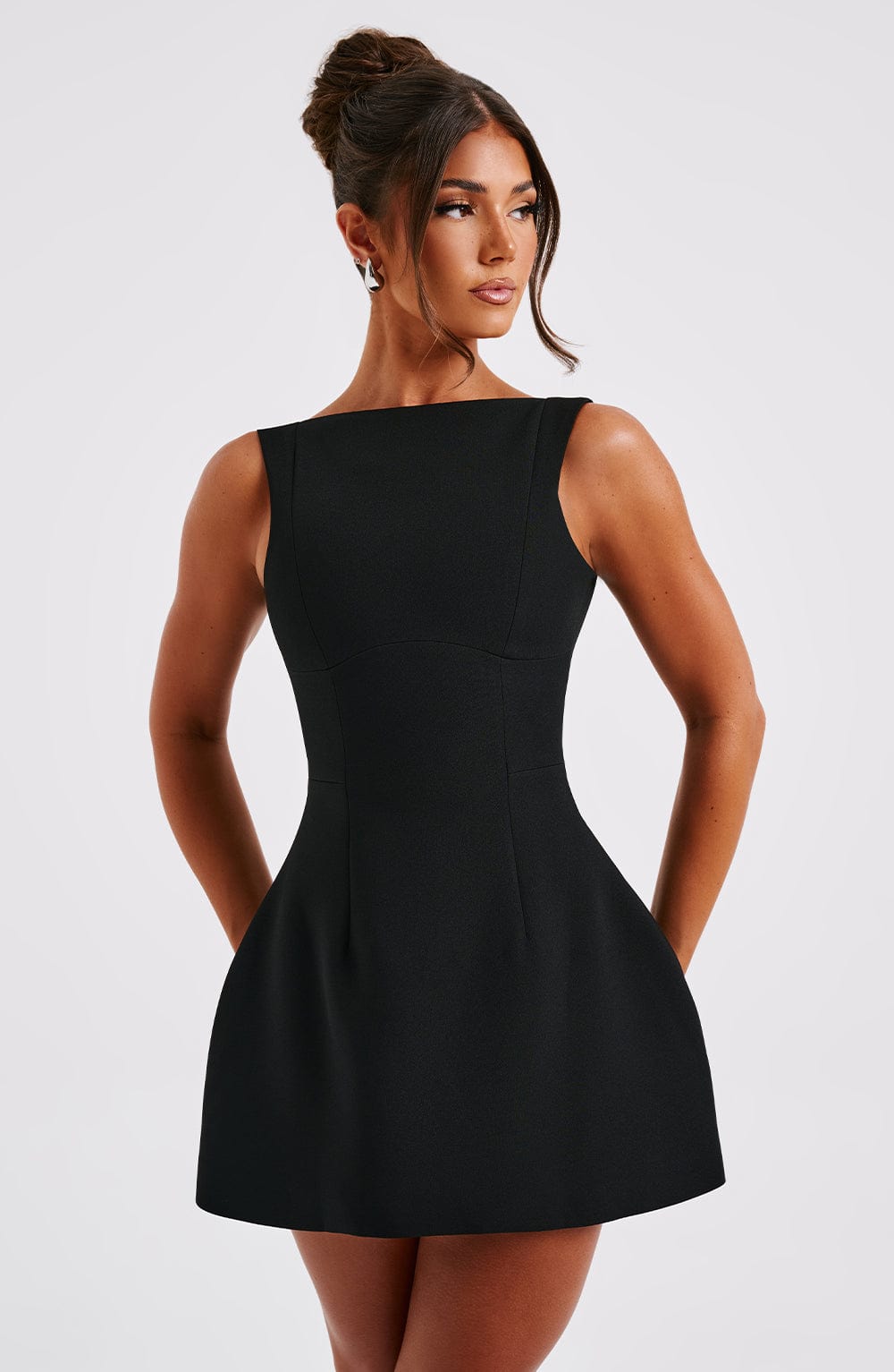 Black Backless Mini Dress with High Neck and Bubble Skirt