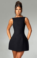 Black Backless Mini Dress with High Neck and Bubble Skirt