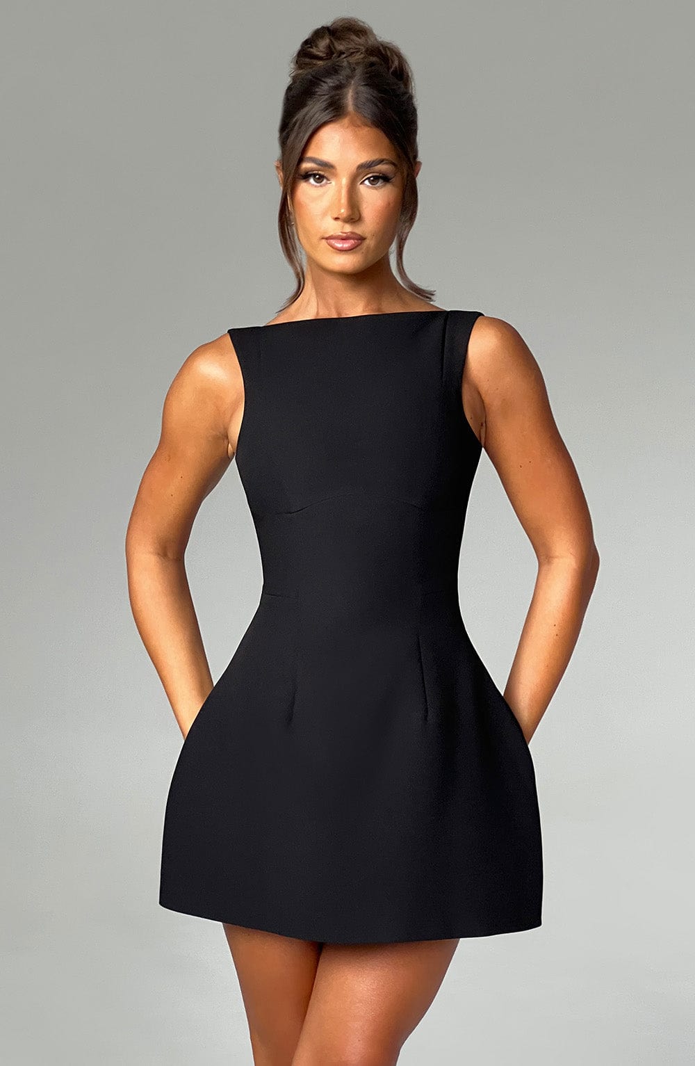 Black Backless Mini Dress with High Neck and Bubble Skirt