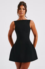 Black Backless Mini Dress with High Neck and Bubble Skirt