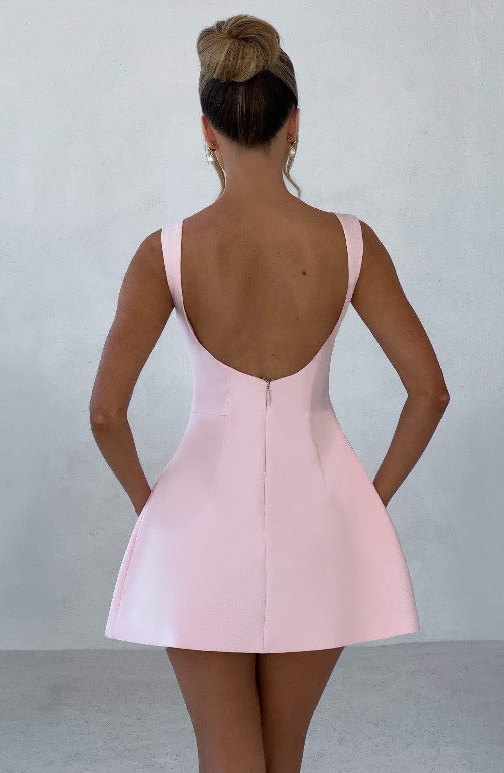 Blush Pink Backless Mini Dress with High Neck and Bubble Skirt