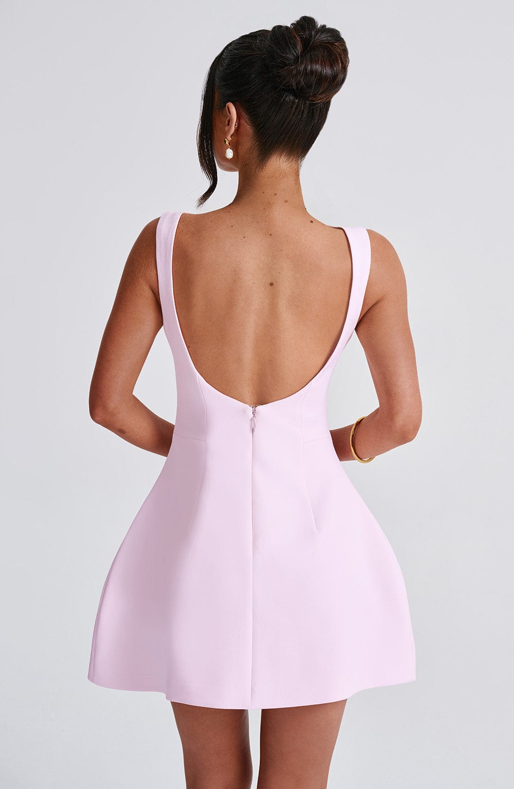 Blush Pink Backless Mini Dress with High Neck and Bubble Skirt