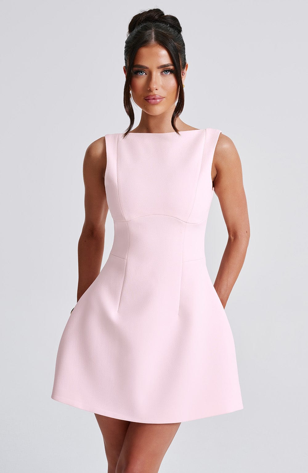 Blush Pink Backless Mini Dress with High Neck and Bubble Skirt