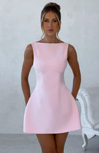 Blush Pink Backless Mini Dress with High Neck and Bubble Skirt