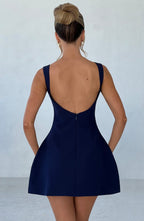 Navy Backless Mini Dress with High Neck and Bubble Skirt