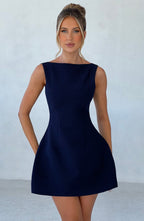 Navy Backless Mini Dress with High Neck and Bubble Skirt