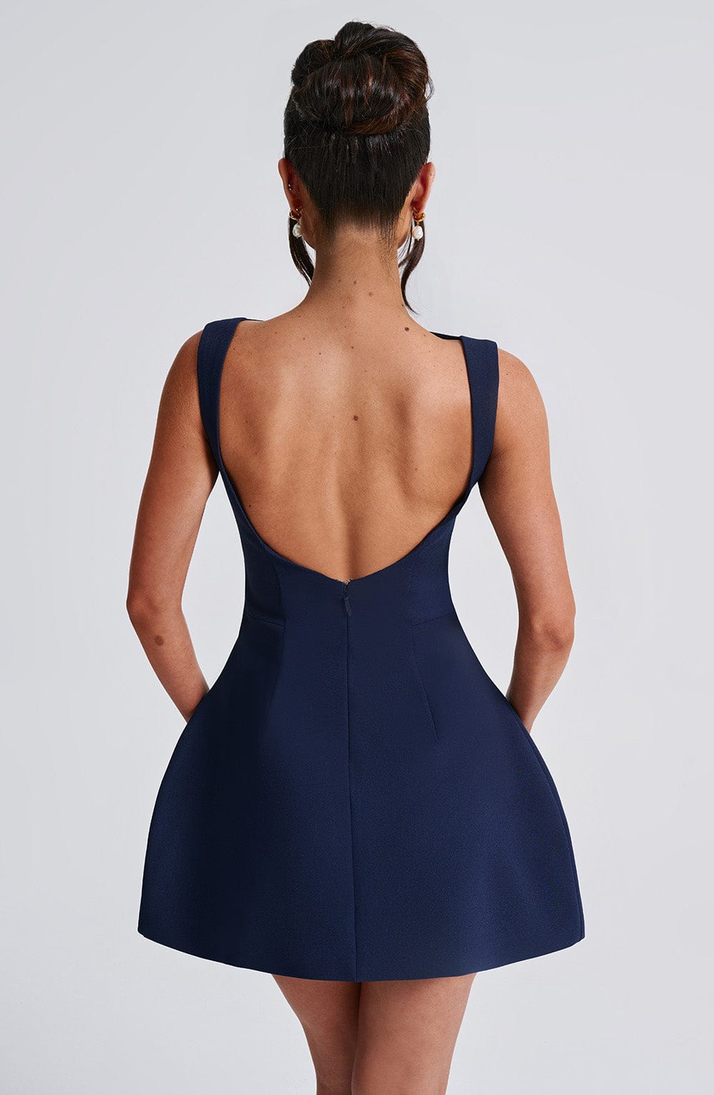 Navy Backless Mini Dress with High Neck and Bubble Skirt