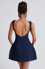Navy Backless Mini Dress with High Neck and Bubble Skirt