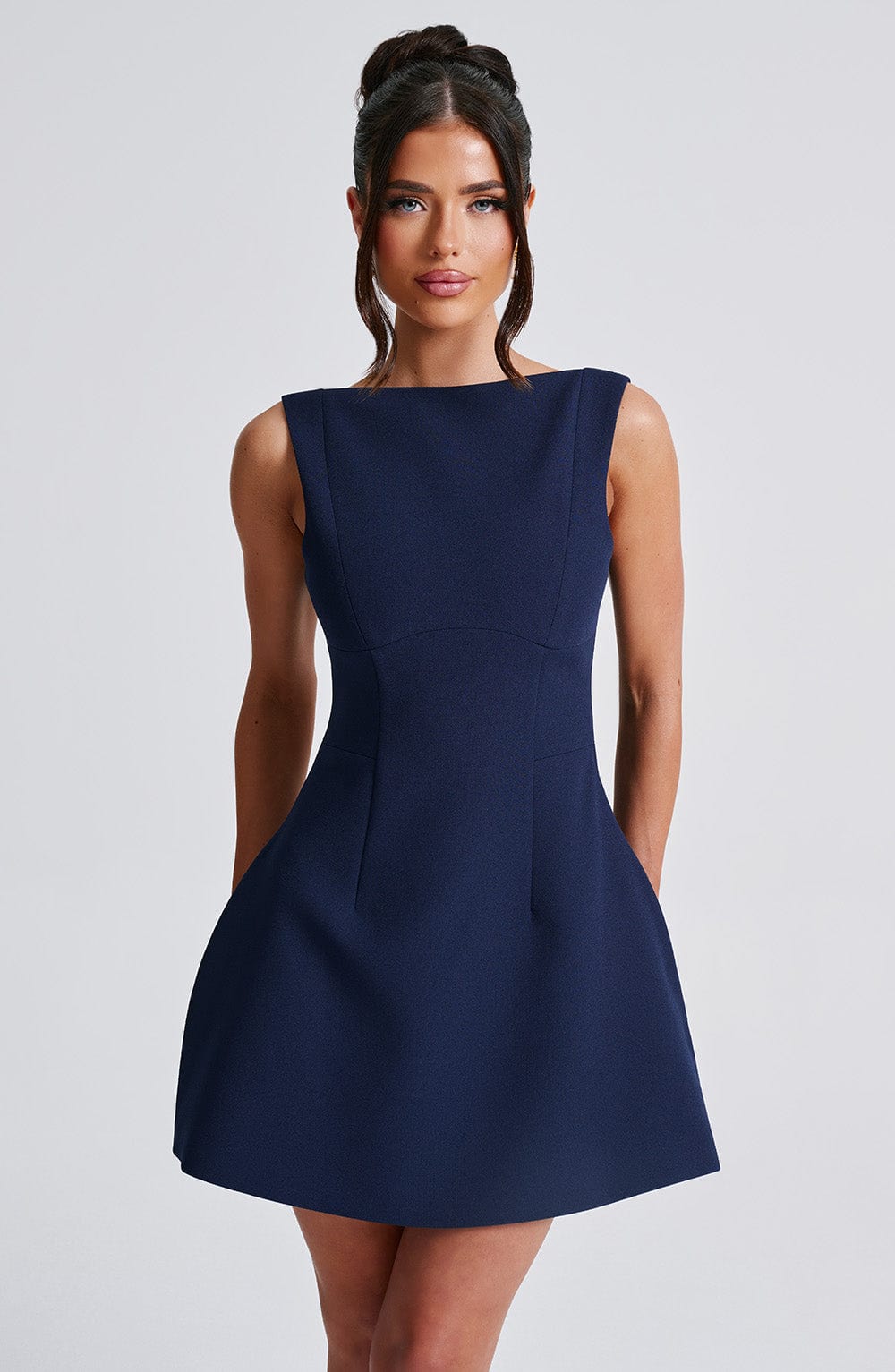 Navy Backless Mini Dress with High Neck and Bubble Skirt