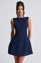 Navy Backless Mini Dress with High Neck and Bubble Skirt