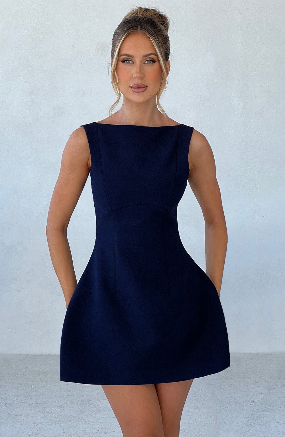 Navy Backless Mini Dress with High Neck and Bubble Skirt
