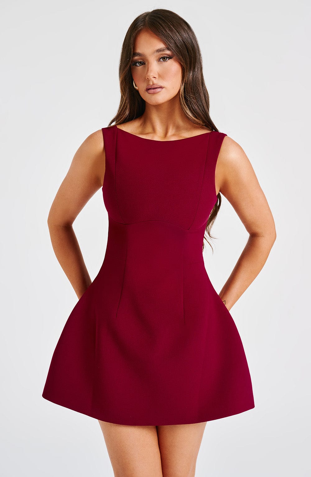 Red Backless Mini Dress with High Neck Bubble Skirt
