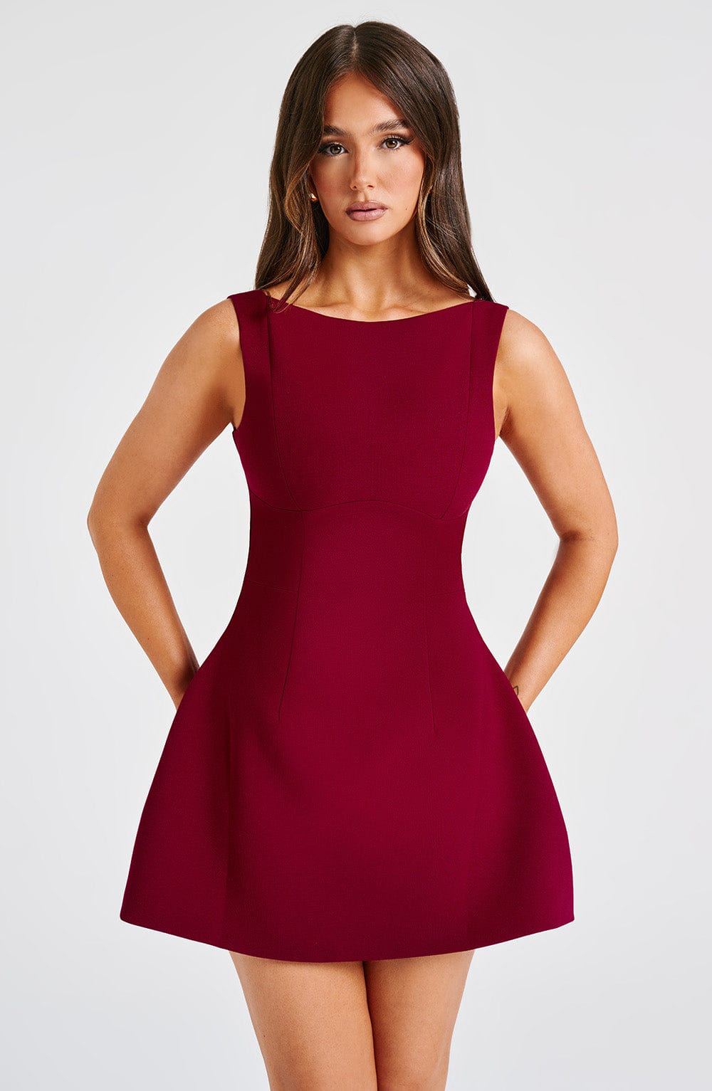 Red Backless Mini Dress with High Neck Bubble Skirt