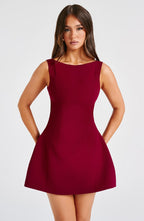 Red Backless Mini Dress with High Neck Bubble Skirt