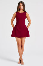 Red Backless Mini Dress with High Neck Bubble Skirt