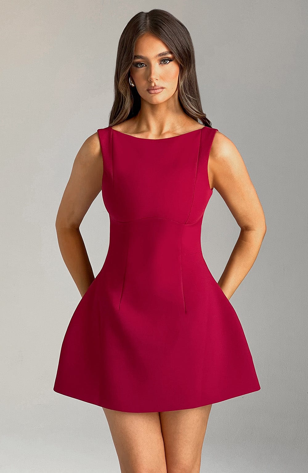 Red Backless Mini Dress with High Neck Bubble Skirt