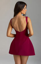 Red Backless Mini Dress with High Neck Bubble Skirt