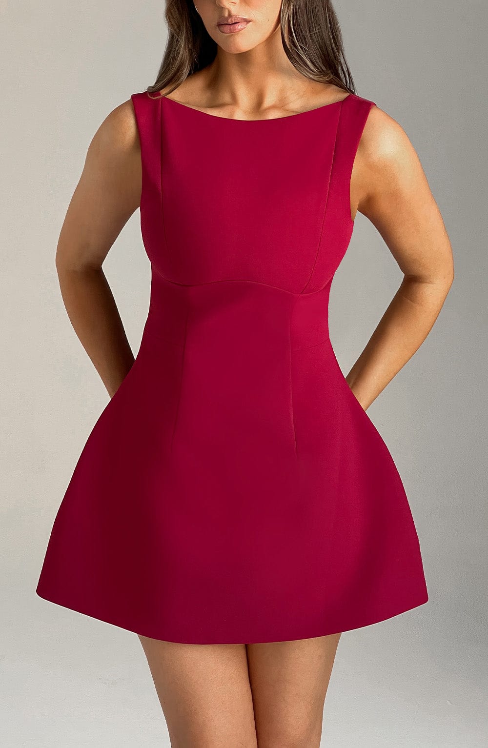 Red Backless Mini Dress with High Neck Bubble Skirt