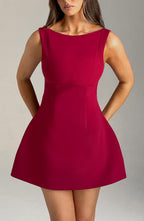 Red Backless Mini Dress with High Neck Bubble Skirt
