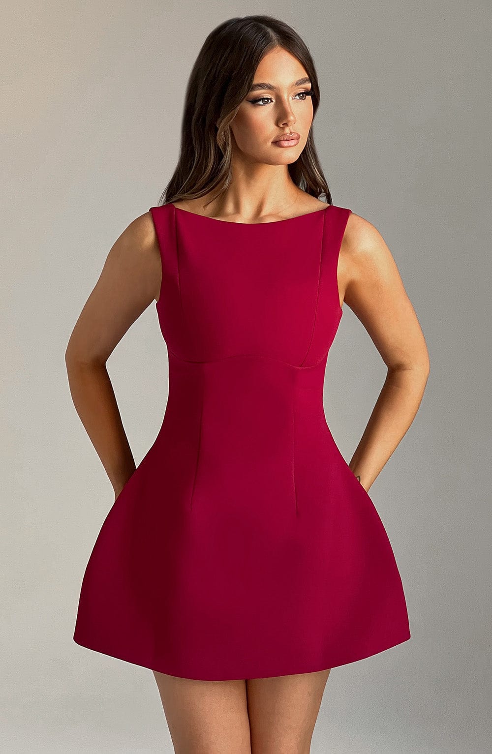 Red Backless Mini Dress with High Neck Bubble Skirt