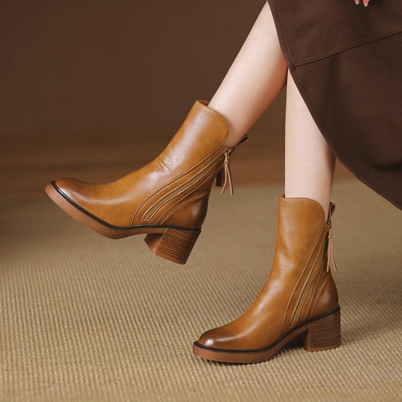 Women's Block Heel Ankle Boots with Tassel Detail