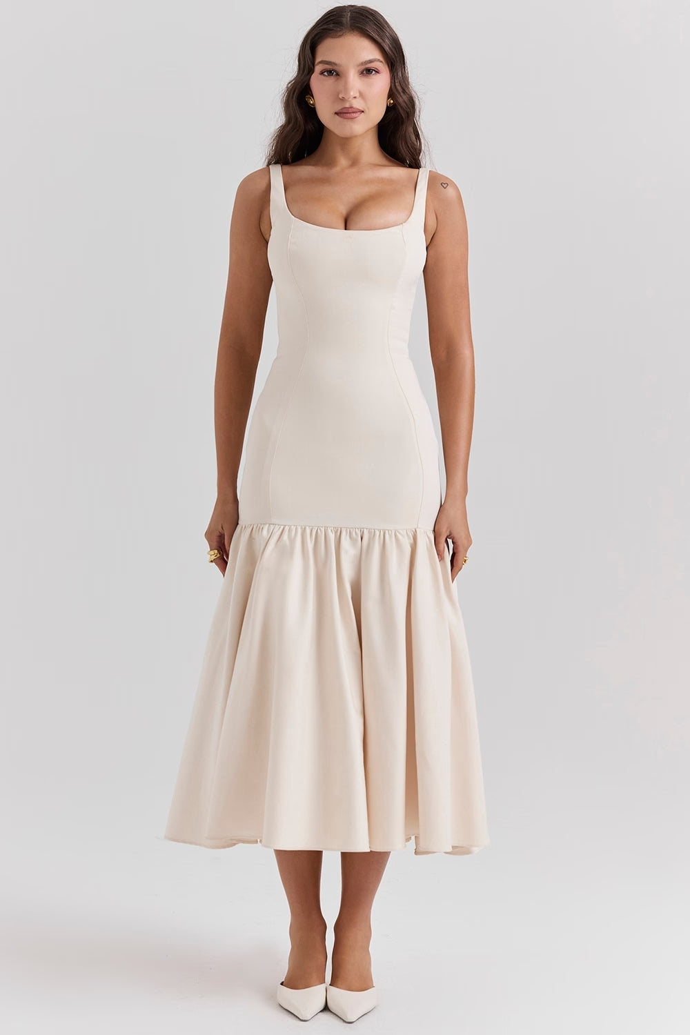 Beige Midi Dress with Square Neckline and Full Skirt