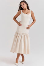 Beige Midi Dress with Square Neckline and Full Skirt