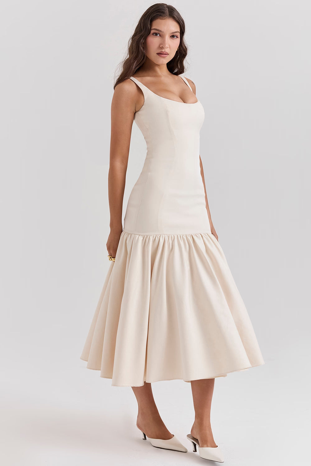 Beige Midi Dress with Square Neckline and Full Skirt