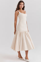 Beige Midi Dress with Square Neckline and Full Skirt