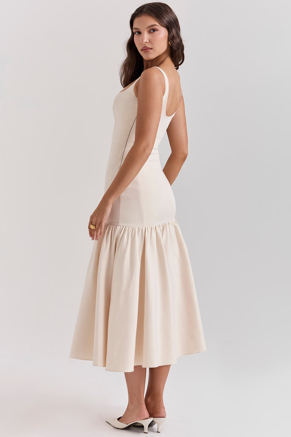 Beige Midi Dress with Square Neckline and Full Skirt