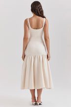 Beige Midi Dress with Square Neckline and Full Skirt