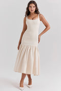 Beige Midi Dress with Square Neckline and Full Skirt