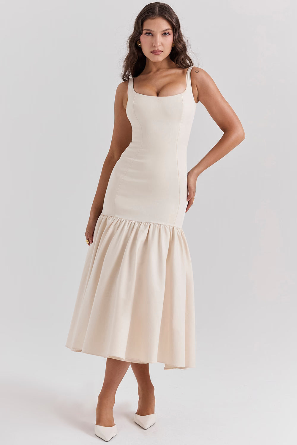 Beige Midi Dress with Square Neckline and Full Skirt