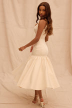 Beige Midi Dress with Square Neckline and Full Skirt