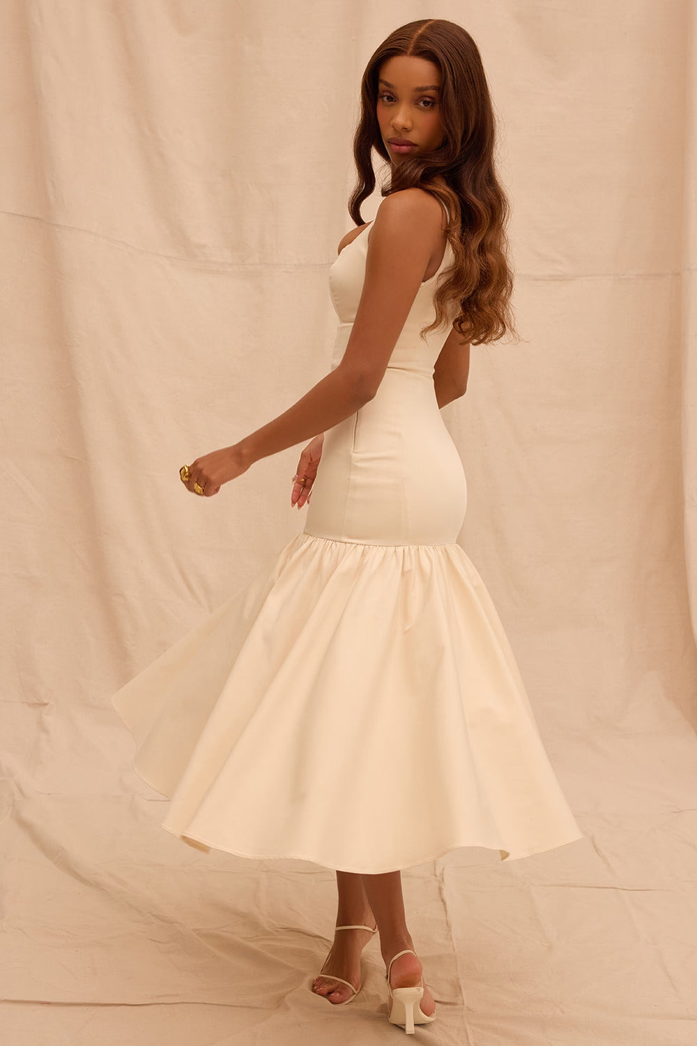 Beige Midi Dress with Square Neckline and Full Skirt