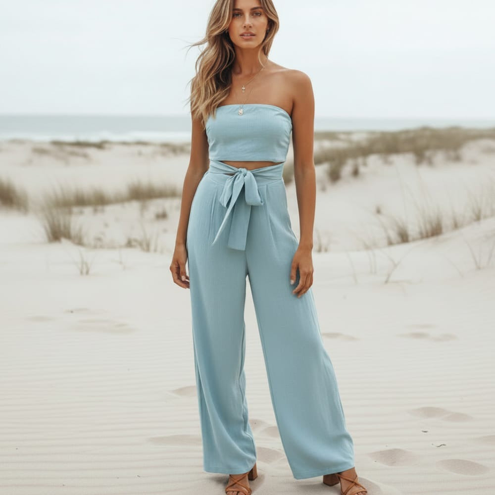 Women's Bohemian Wide-Leg Romper with Back Tie Detail