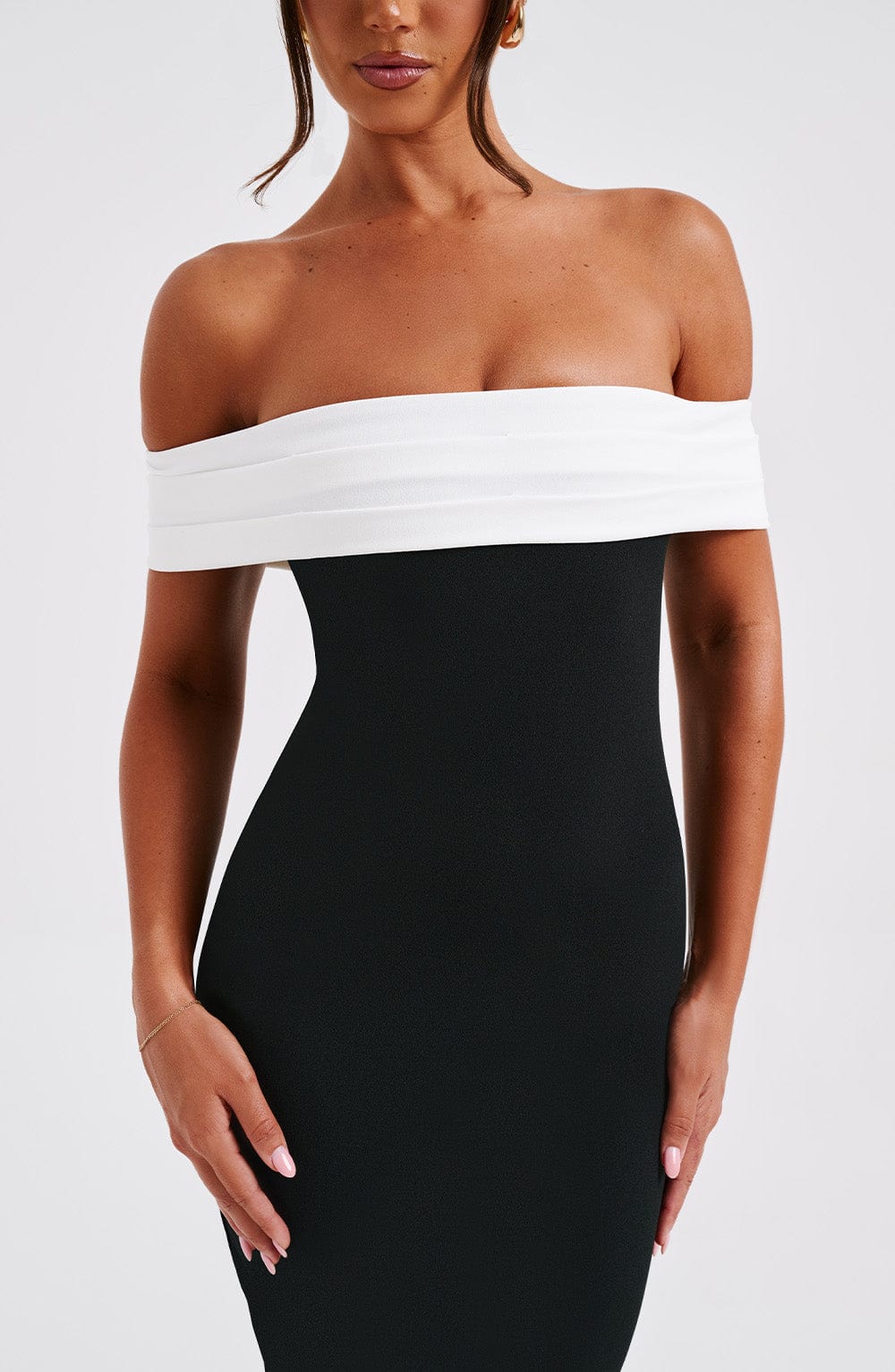 Black Midi Dress with Bardot Neckline