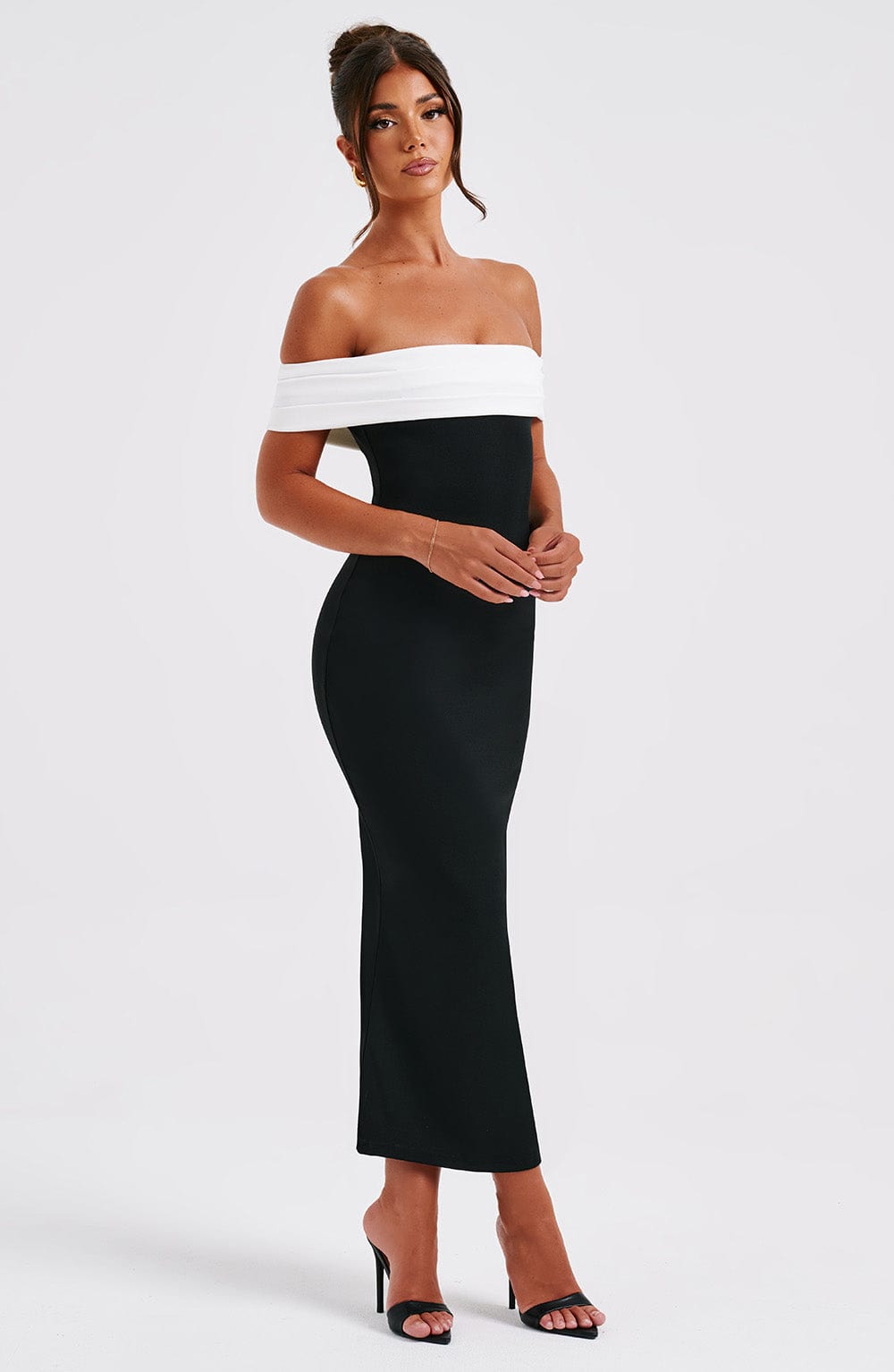 Black Midi Dress with Bardot Neckline