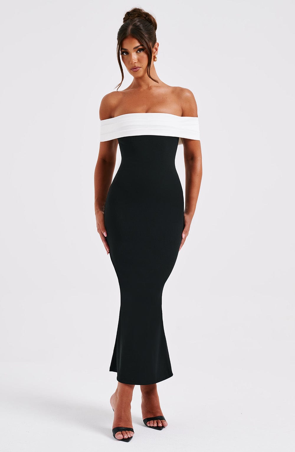 Black Midi Dress with Bardot Neckline