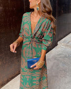 Women's Boho Maxi Dress with V-Neck and Long Sleeves