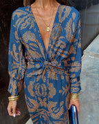Women's Boho Maxi Dress with V-Neck and Long Sleeves
