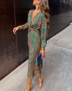 Women's Boho Maxi Dress with V-Neck and Long Sleeves