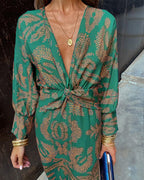 Women's Boho Maxi Dress with V-Neck and Long Sleeves