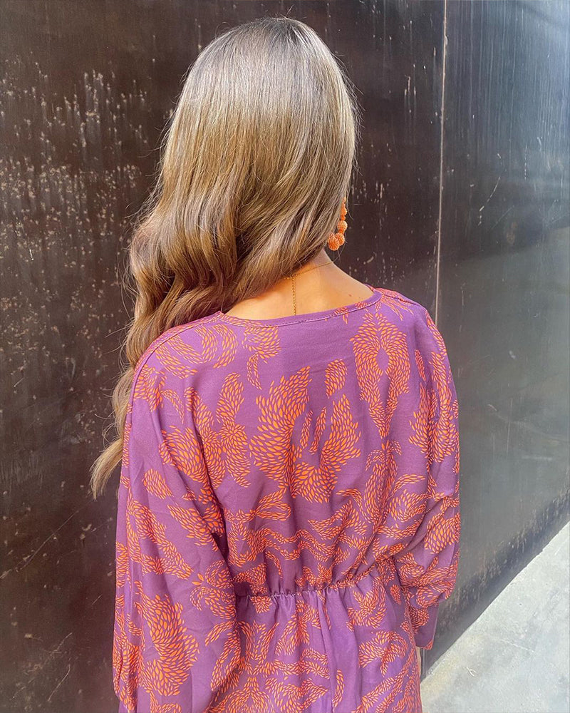 Women's Boho Maxi Dress with V-Neck and Long Sleeves