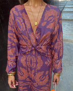 Women's Boho Maxi Dress with V-Neck and Long Sleeves