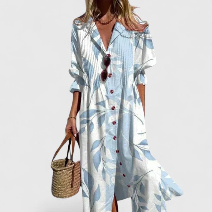 Women's Boho Maxi Dress with V-Neck and Long Sleeves