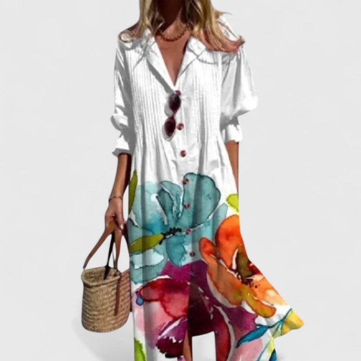 Women's Boho Maxi Dress with V-Neck and Long Sleeves